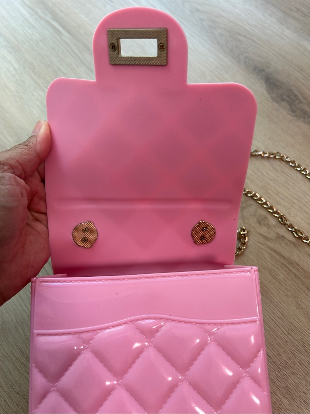 Pink Quilted Mini Jelly Crossbody Bag-Purse with Gold Chain for girls-Women - Picture 6 of 11